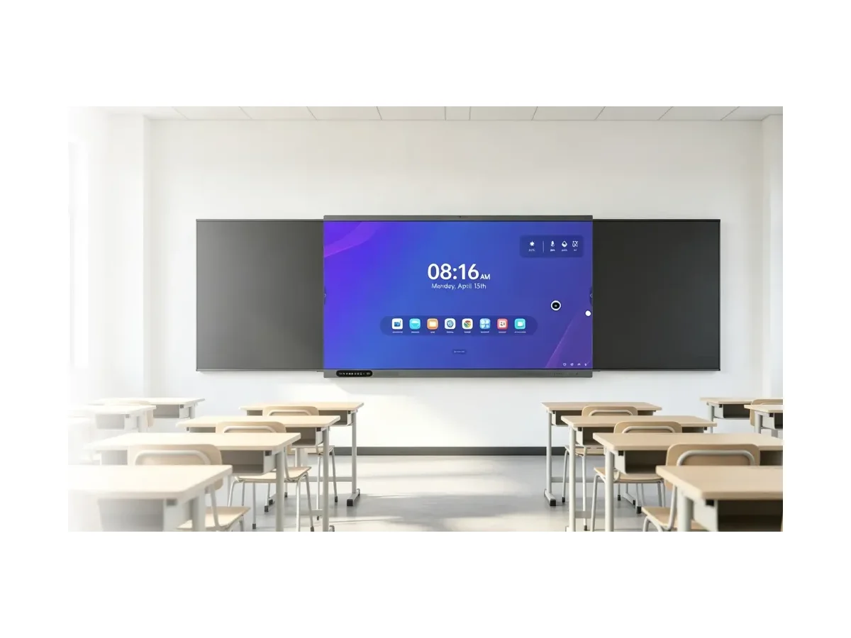 Aula con una pizarra interactiva Riotouch M86LB instalada al frente